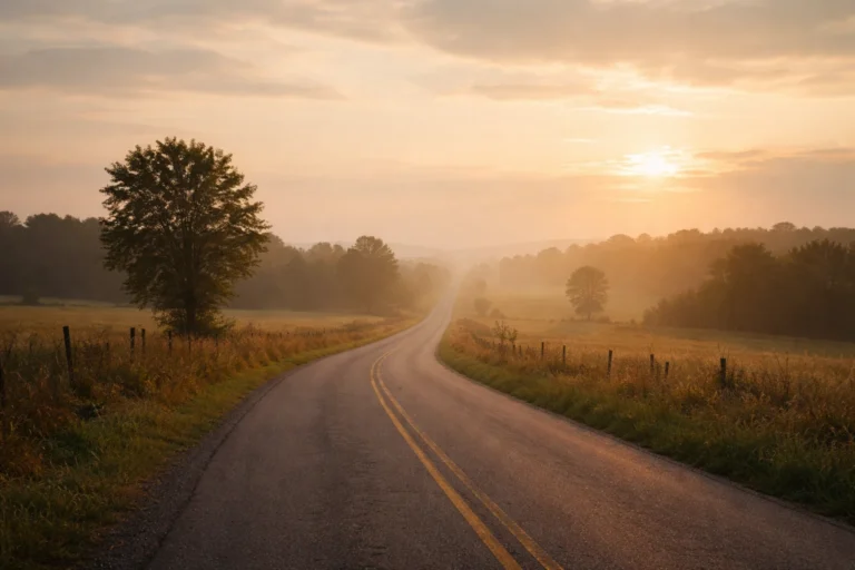 A quiet road during golden hour, with soft light and no visible people