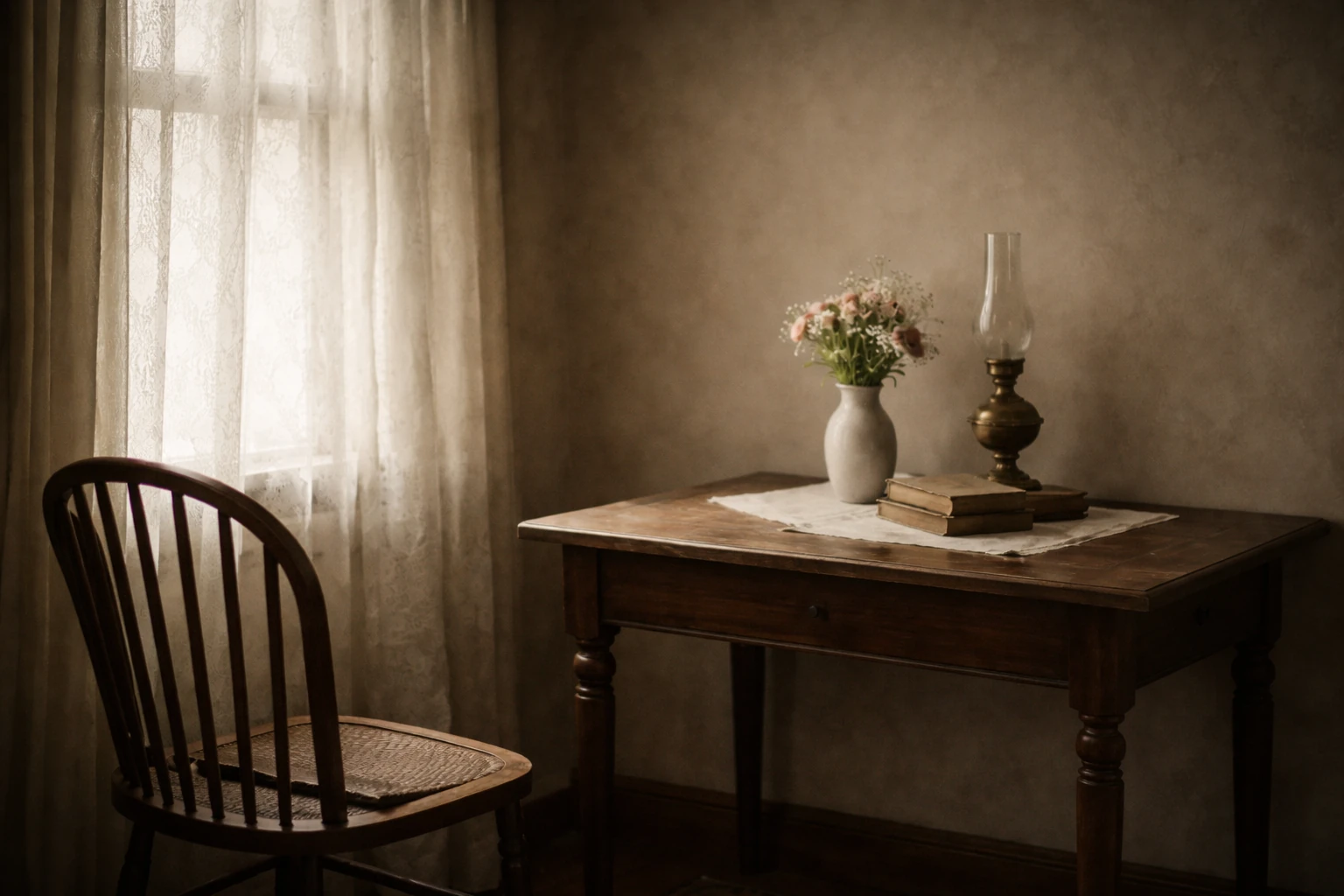 Soft daylight filtering through a lace curtain in a quiet interior