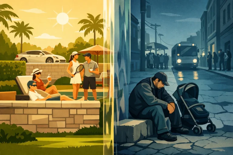 Editorial illustration of structural inequality: a sunlit luxury neighborhood contrasted with a cold urban street, separated by an invisible glass-like divide.
