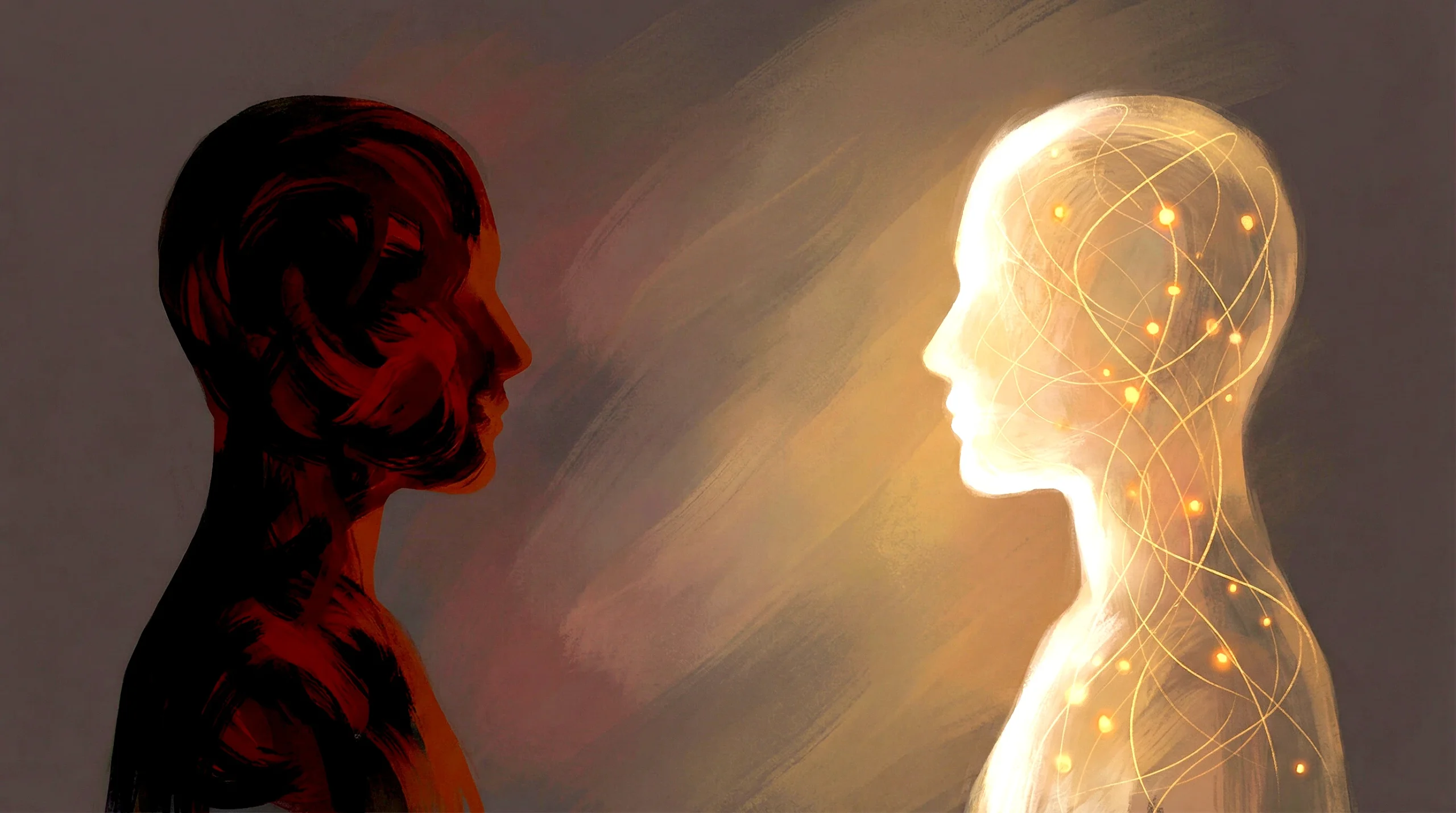 Two abstract human silhouettes: one dark and rigid, the other glowing and interconnected, representing judgment versus understanding