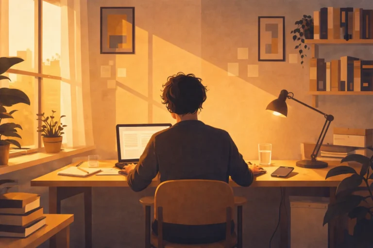 Person sitting at a home office desk surrounded by books, papers, and warm golden light — how workspace affects productivity and focus