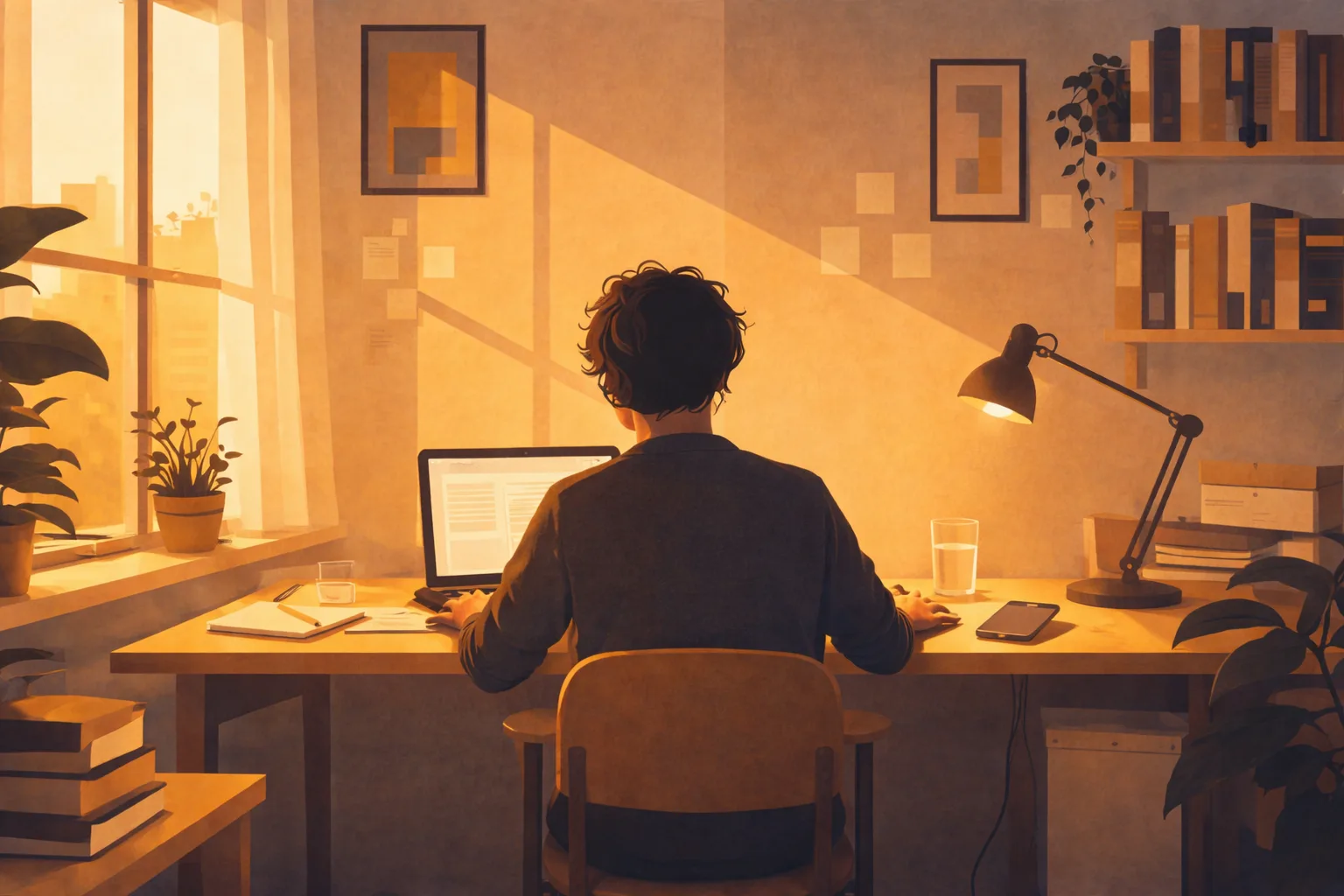 Person sitting at a home office desk surrounded by books, papers, and warm golden light — how workspace affects productivity and focus