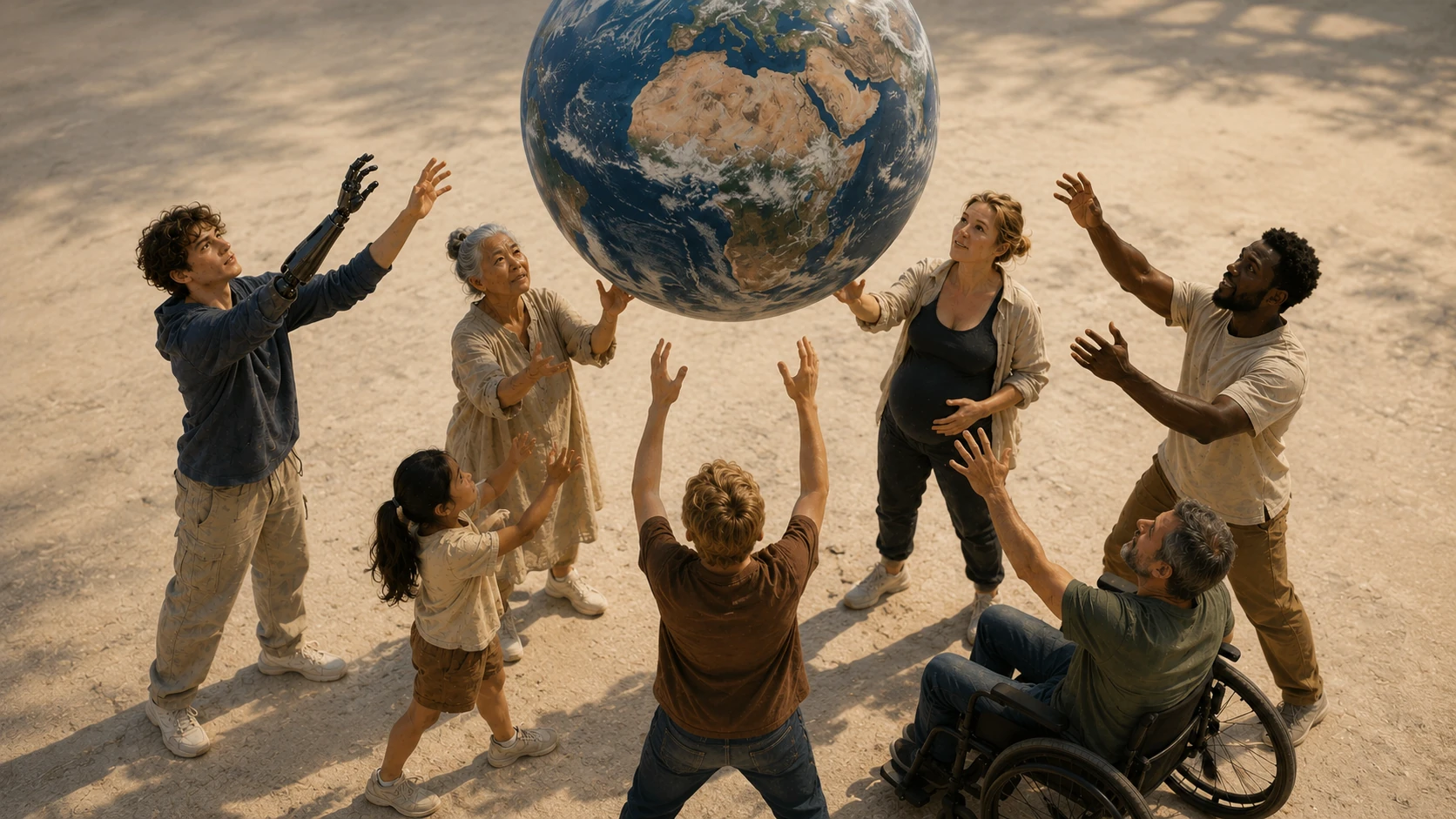 Diverse people reaching toward Earth