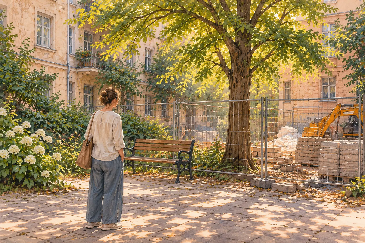 A woman looking at a familiar courtyard transformed by construction